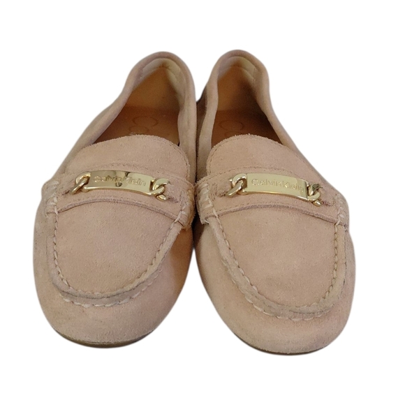 NEW Calvin Klein Soft Suede Tan Loafers Gold Emblem size 8 - Picture 2 of 10